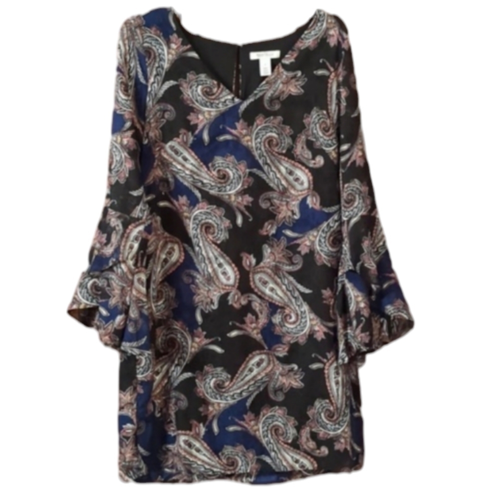 White House Black Market Womens Dress Ruffled Bell Sleeves Paisley Blue Black 8 - Picture 1 of 10